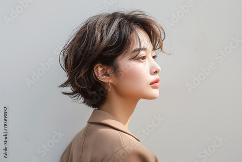 Profile view of a thoughtful asian woman with short hair against a white wall