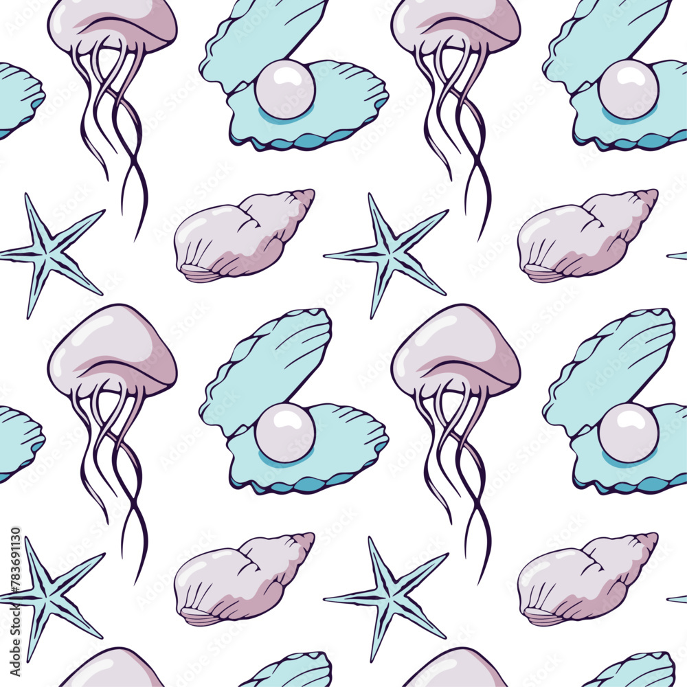 seamless pattern with jellyfish  and shells with pearls