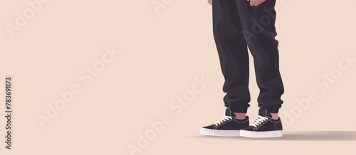 Man in dark attire and sneakers stands with legs wide apart on a bright background photo