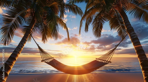 Hammock between palms on a beach, low angle, sunset glow, peaceful, ultimate summer relaxation © ItziesDesign