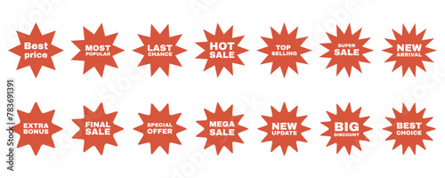 Collection of starbust badge label for sale promotion. Red silhouette stickers set with text.