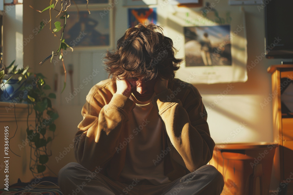 Young Man Sitting in Thoughtful Pose with Sunlight Streaming Indoors Young Man Sitting in Thoughtful Pose with Sunlight Streaming Indoors