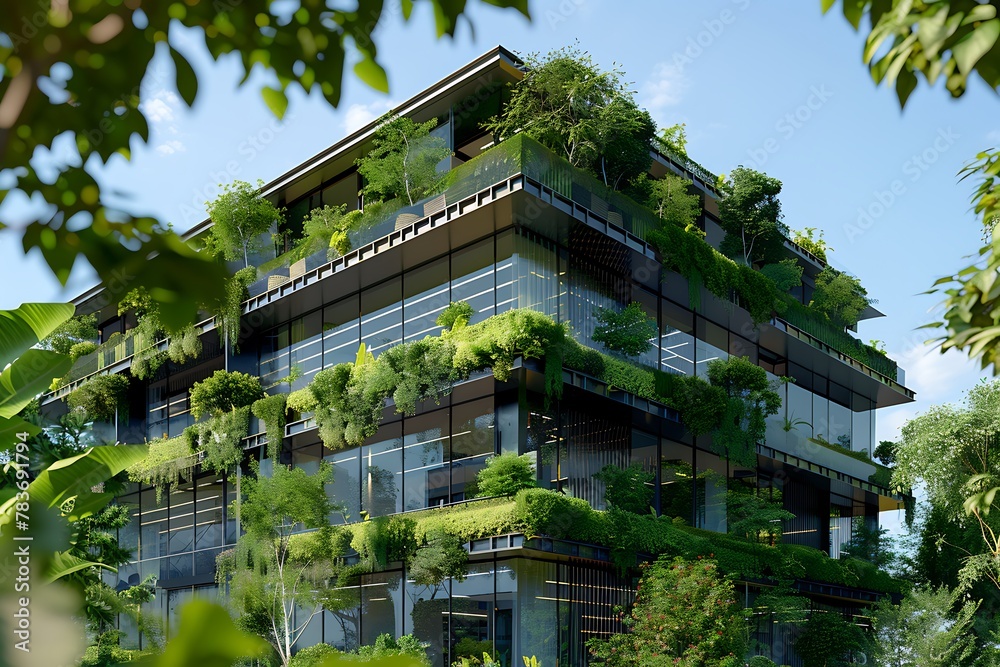 A modern building with greenery on the roof, creating an ecofriendly and sustainable environment for office spaces
