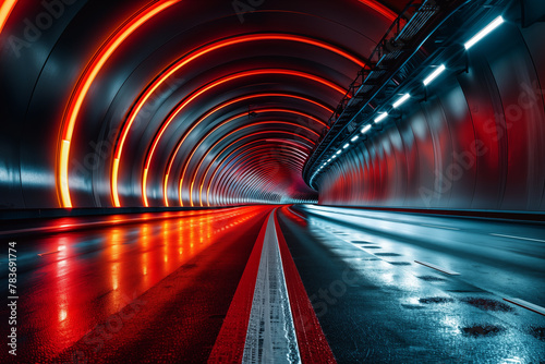 Futuristic red and blue illuminated tunnel with reflective asphalt road