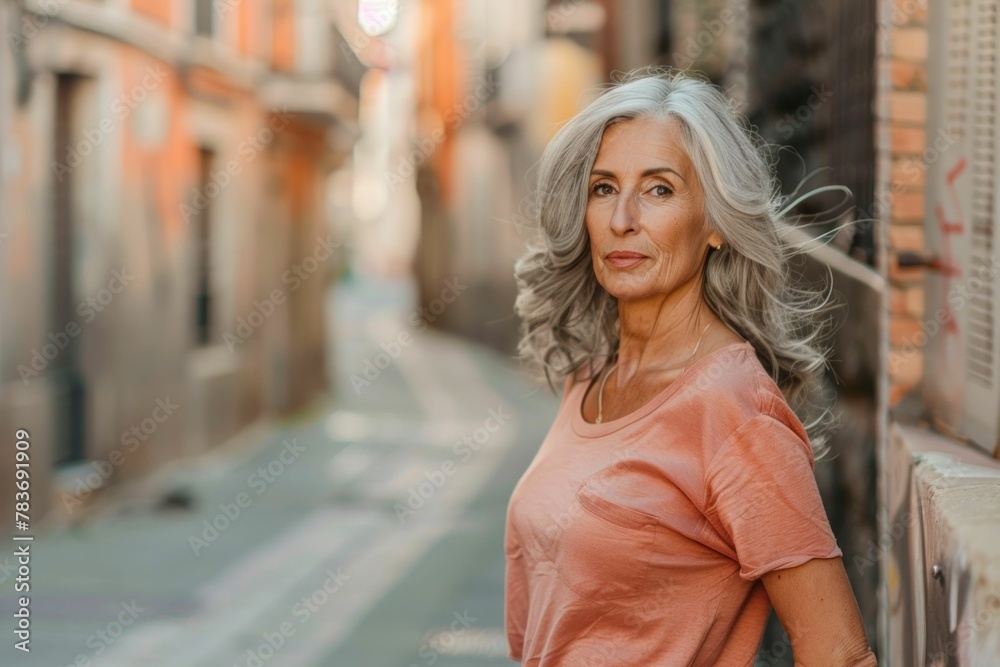 Mysterious Woman with Gray Hair Standing in Narrow Alley of Old Town, Urban Exploration Portrait Concept