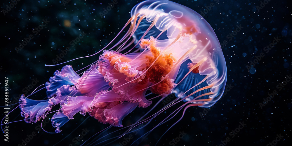 Naklejka premium Ethereal Jellyfish Gliding Through Dark Ocean Waters