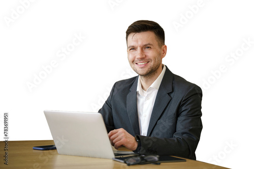 A positive manager with glasses in a suit uses a laptop workplace, an office employee is the chief secretary. Transparent background.