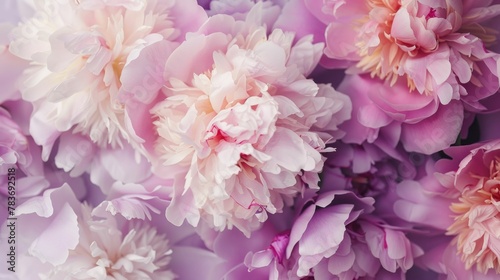 Closeup of beautiful pink and white peonies on a vibrant purple background