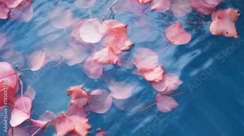 Pink leaves on the surface of the water on a blue background. Beautiful background with water ripples for product presentation. Summer refreshing background.