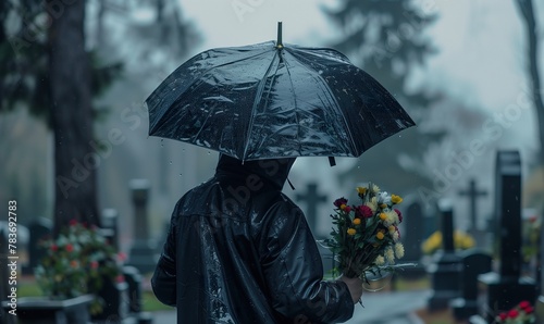 person with flowers and black umbrella at funeral  miserable woman at rainy cemetery