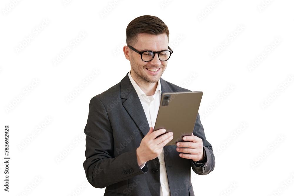 A male businessman in a suit uses a tablet office employee chief secretary. Transparent background. A male businessman in a suit uses a tablet office employee chief secretary. Transparent background.