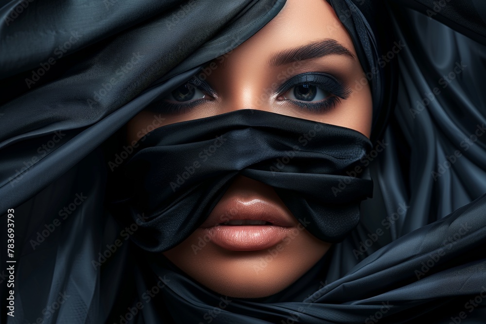 Woman with black veil covering face Woman with black veil covering face
