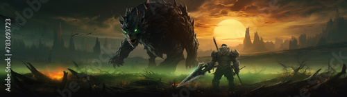 Epic Fantasy Battle Scene with Warrior and Dark Beast photo