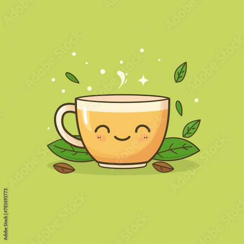 Whimsical vector illustration of a cheerful teacup with a blushing smile  surrounded by green leaves on a light green background. 