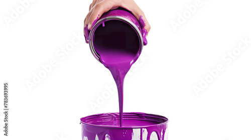 hand hold can with purple paint and pouring on white background isolated, liquid dye falling