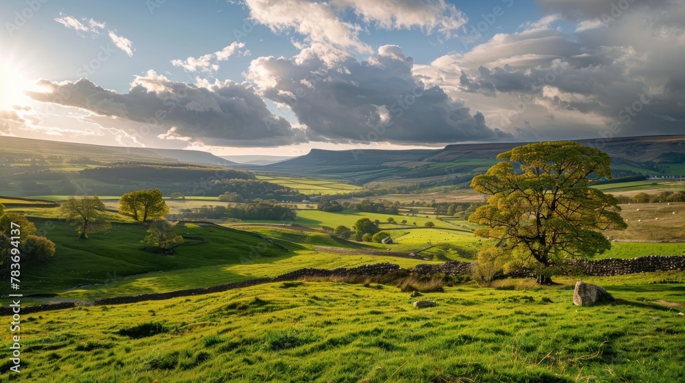 Wide panoramic view of beautiful rural landscape in Yorkshire Dales near Hawes
