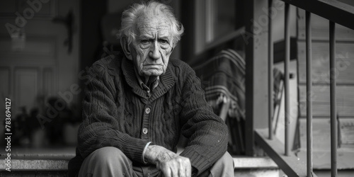 Elderly Man Sitting Alone on Porch in Black and White