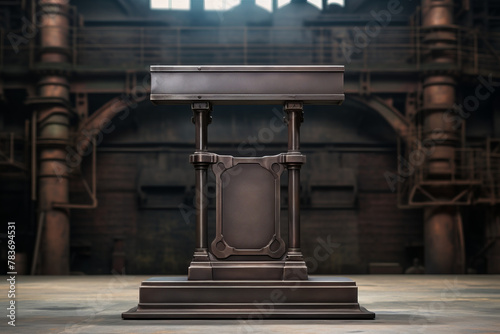 podium in the middle of a steampunk factory photo