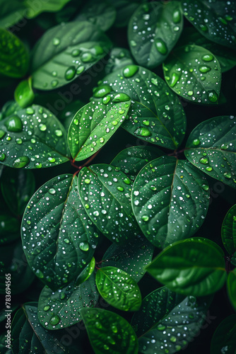 Lush Green Leaves with Dew Drops Close-Up Nature Background