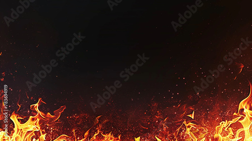 Fire flames isolated on black background with copy space for text or decoration