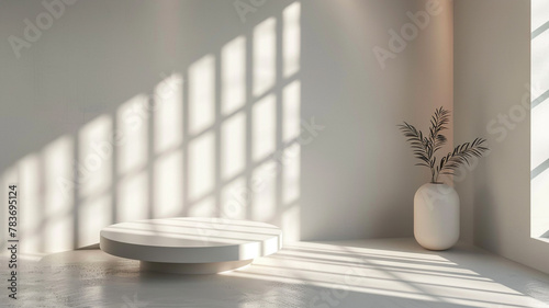 Light room background with minimal abstract design for product display with Window shadows and light on wall mockup