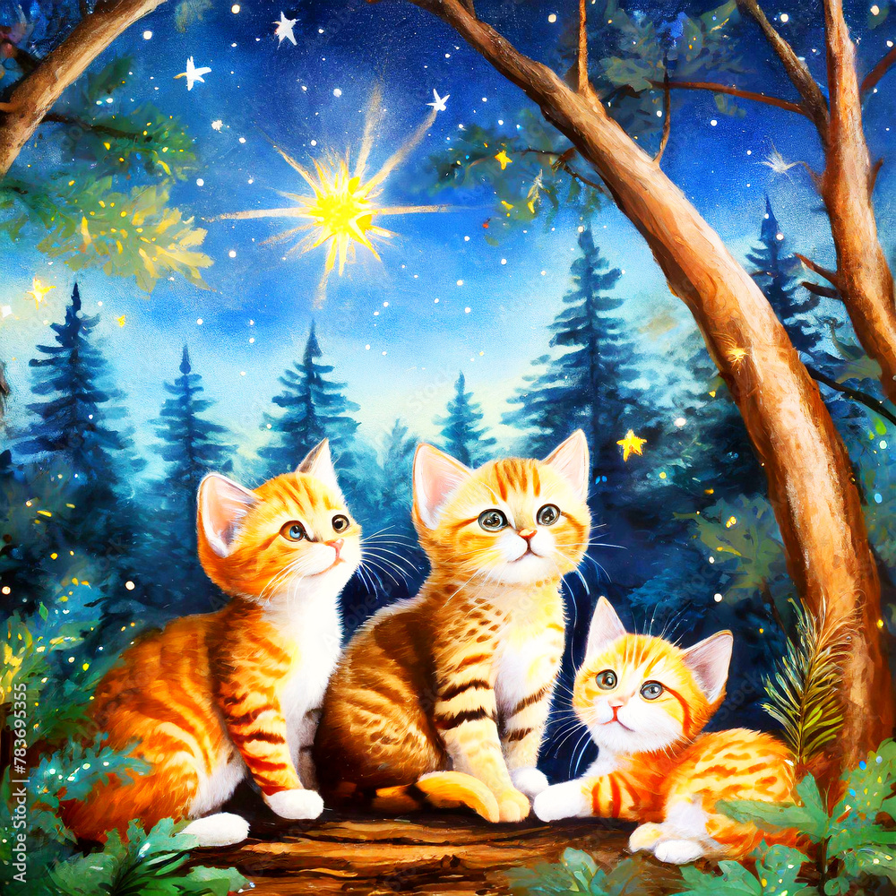 Obraz premium 별빛이 내리는 숲속에서 밤하늘을 바라보는 아기 고양이들