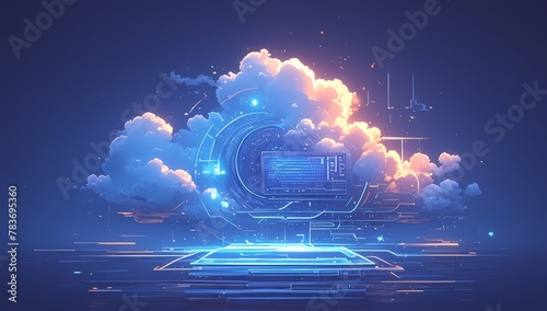 A digital illustration of cloud computing technology with glowing clouds and data blocks, representing the concept of virtual ai technology in business. 