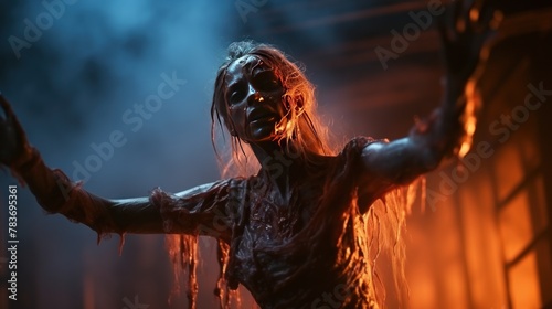 Horror scene of a bloody woman with blood on her face.