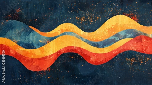 Abstract artwork featuring deep blue  orange-red  and yellow-orange hues in a minimal design inspired by personal triumph. Negative space creates a sense of wonder  power  and peace.