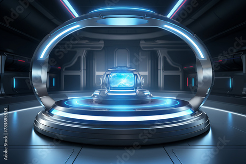Sci-fi futuristic pedestal with glowing blue crystal