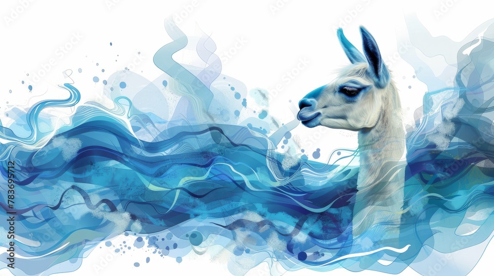 Fototapeta premium A dreamy llama roams through a teal blue, light blue, and light gray abstract aluminum pattern