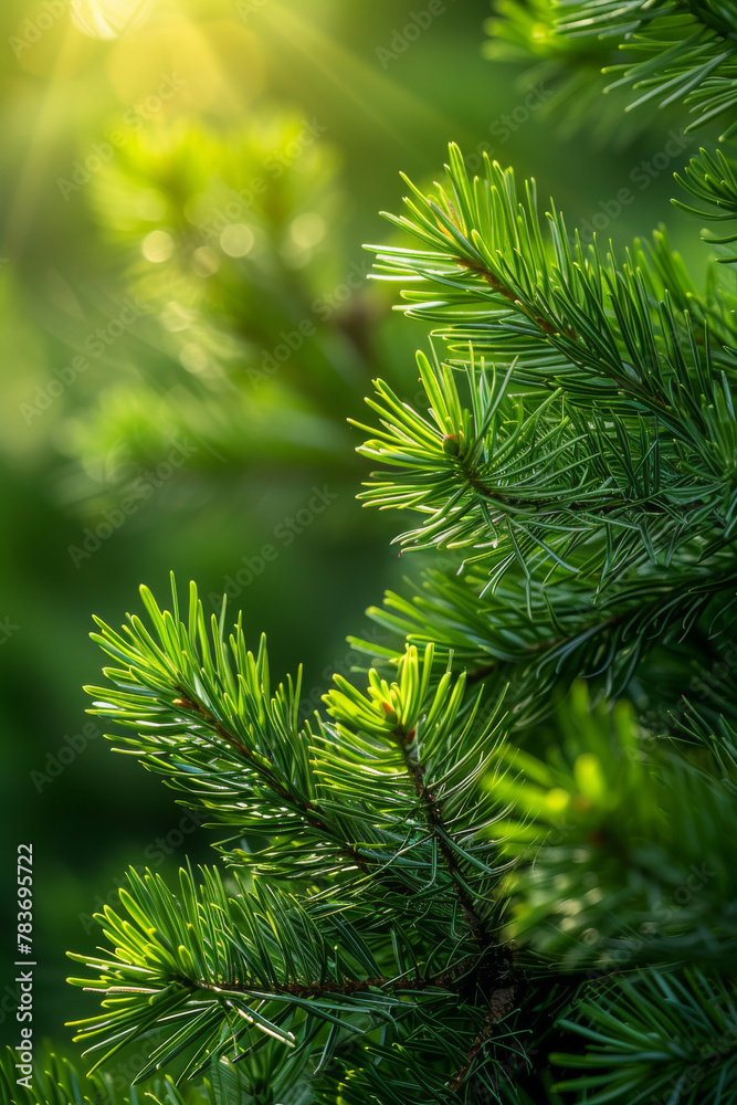 Sunlit Pine Needles in Lush Green Forest