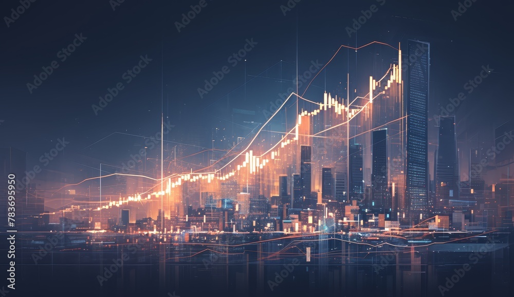 A dynamic and colorful stock market graph with glowing bar lines