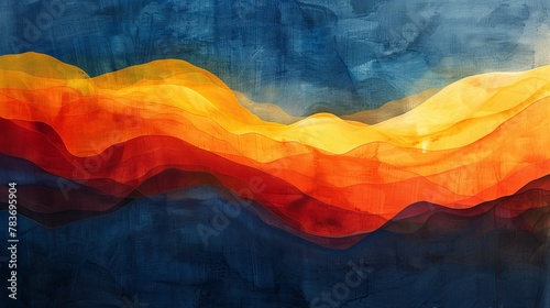 Abstract composition combining elements of life's journey, nature, and Viking essence. Deep blue, orange-red, yellow-orange colors with emphasis on negative space. Minimalistic style.