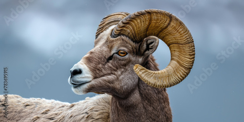 Majestic Bighorn Sheep with Impressive Curled Horns Against Grey Sky