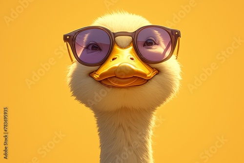 A duck wearing purple sunglasses against an orange background, showcasing the humorous and quirky side of animals.
