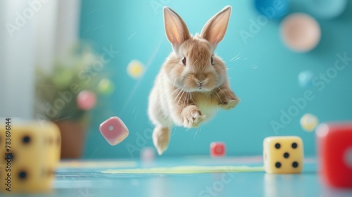 A playful bunny hops through hyperspace, clutching dice, in a minimalistic teal and gray backdrop, embodying life's randomness and speed.