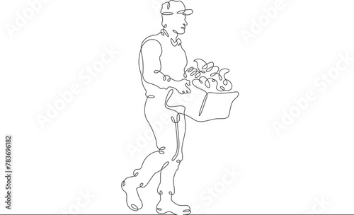 Fototapeta Naklejka Na Ścianę i Meble -  Farmer with products. A man carries a box of vegetables and herbs. Farmer with eco products.One continuous line . Line art. Minimal single line.White background. One line drawing.