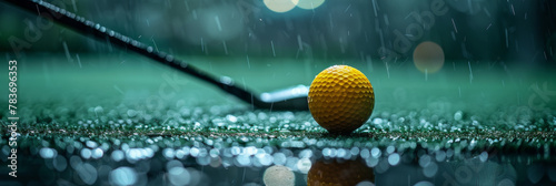 Rainy Day Golf Session: Close-up of Golf Ball on Tee with Putter