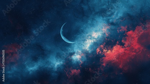 A serene night sky scene with a spaceship gliding past a crescent moon, watched over by a god. Dark blue and red abstract patterns accentuate the vastness of space photo
