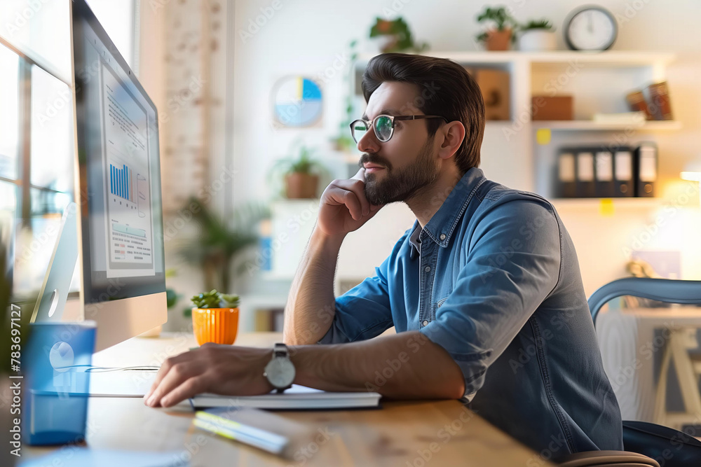 male entrepreneur working at home office, writing in notebook while sitting near computer and looking to the screen. man wearing glasses thinking about new ideas for business plan or making website male entrepreneur working at home office, writing in notebook while sitting near computer and looking to the screen. man wearing glasses thinking about new ideas for business plan or making website