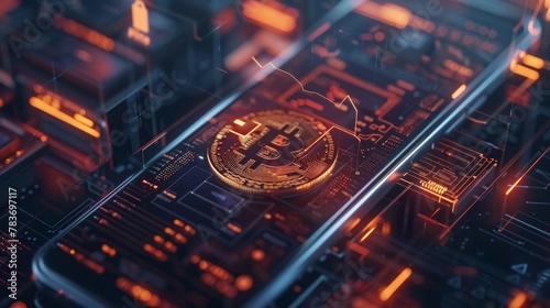 Bitcoin cryptocurrency on digital circuit board. Fintech industry and digital money concept. Macro shot with glowing technology and finance elements. Design for banner, poster, website.