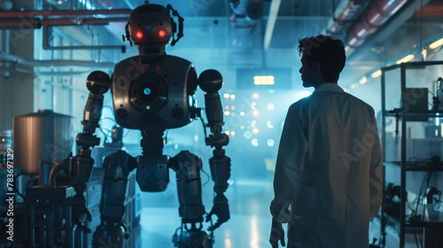 Wallpaper Mural Scientist standing in laboratory facing large humanoid robot. Futuristic technology and artificial intelligence concept. Industrial sci-fi scene with copy space. Design for poster, cover, banner. Torontodigital.ca