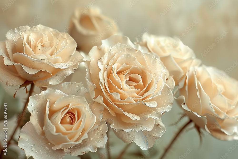 Elegant Peach Roses with Delicate Water Drops on Soft Background Elegant Peach Roses with Delicate Water Drops on Soft Background