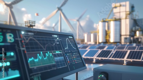 Renewable energy data analysis on digital monitor at solar and wind power plant. Sustainable development and green technology concept. Digitalization of the energy sector with copy space. 