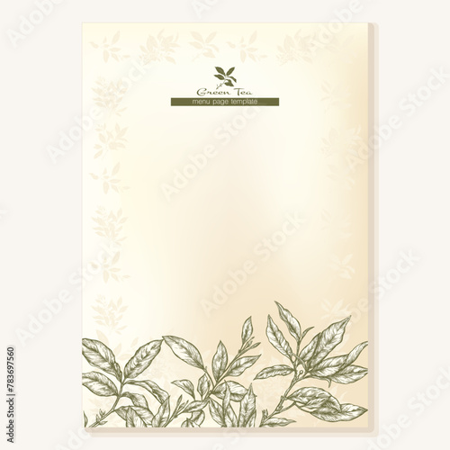 Green tea branch with leaves Border, frame, template for menu page, product label, cosmetic packaging. Vector illustration. In botanical style