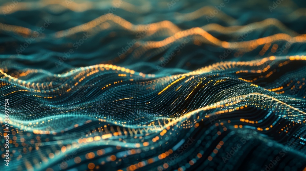 Abstract digital landscape with flowing particles and wave patterns. Data flow and cybernetic concept. Ideal for background in technology-themed presentations, web design, and creative media.