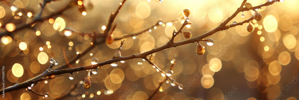 Golden Hour Bokeh with Dew Drops on Tree Branch