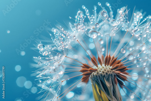 Serene Dandelion with Morning Dewdrops on a Blue Background