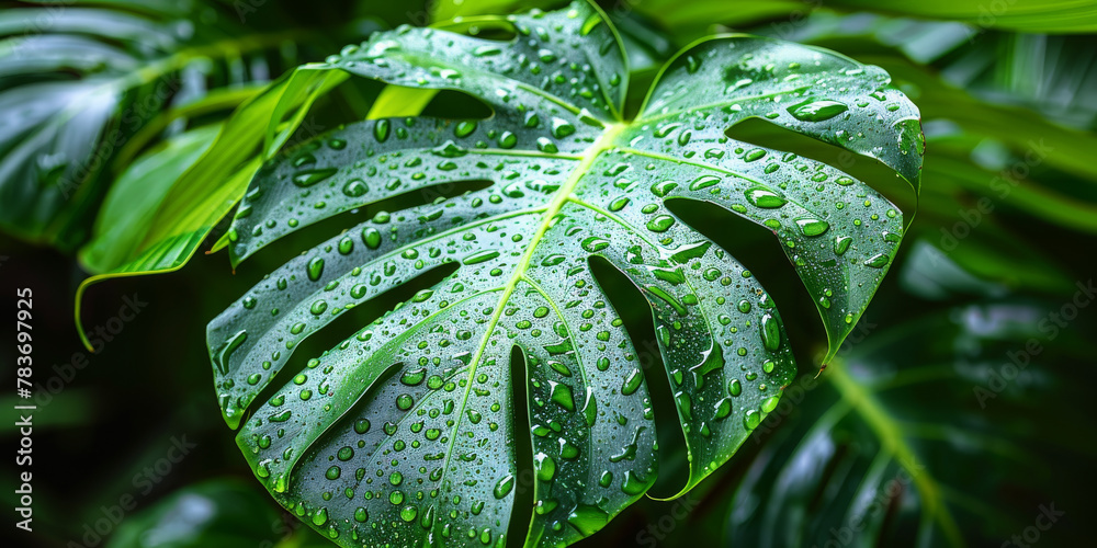 Fototapeta premium Dewy Monstera Leaf in Lush Greenery